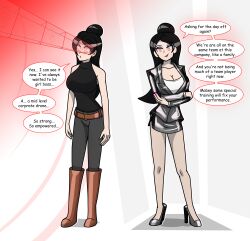  altered_common_sense before_and_after belt black_hair cleavage clothed collarbone dazed english_text eyeshadow female_only femsub forced_employee high_heels hy2300 hypnotized_hypnotist instant_loss jacket lipstick miniskirt nail_polish official open_mouth pants smirk speech_bubble spiral_eyes standing tech_control text 