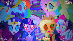 animals_only applejack blonde_hair female_only femsub fluttershy furry happy_trance hat horns horse horse_girl long_hair maledom multicolored_hair my_little_pony open_mouth pink_hair pinkie_pie purple_hair rainbow_dash rarity smile snakeythingy spiral_eyes symbol_in_eyes text twilight_sparkle unicorn western wings