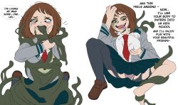 breast_fondling breast_grab breasts brown_hair dialogue drool evil_smile femsub hand_on_head my_hero_academia ochaco_uraraka possession simple_background sludge_villain text thought_bubble traner9 white_background 