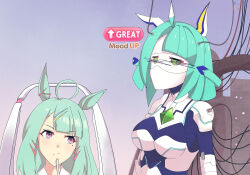 ahoge blue_background blue_hair breasts chair character_request empty_eyes expressionless female_only femdom femsub gojulas gradient_background green_eyes hacking hair_clips happy_trance horse_girl jewelry mole purple_eyes robot robot_girl short_hair simple_background sitting t-shirt uma_musume wires