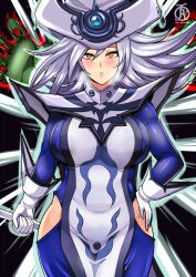 blush breasts empty_eyes erect_nipples femsub gloves hat large_breasts large_hips long_hair magic panting revolverwing robe silent_magician silver_hair solo staff sweat yellow_eyes yu-gi-oh!
