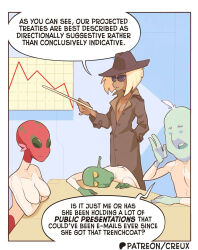 ahoge alien alien_girl bex_&amp;_keit bex_(lekroox) black_sclera blonde_hair blue_eyes blue_skin border clothed collarbone comic consensual dark_skin dialogue exhibitionism femsub green_skin hair_buns hand_on_hip hat humor jacket keit_(lekroox) lekroox leotard no_bra office original red_skin self_hypnosis short_hair small_breasts speech_bubble sunglasses text thighs tight_clothing top_hat yellow_sclera