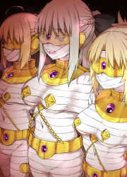 blonde_hair blue_eyes bondage chains collar corruption eye_mask fate/grand_order fate_(series) hair_ribbon jewelry kusayarou mordred_(fate) morgan_le_fey_(fate) mummification nipple_weights open_mouth pasties ponytail ribbon saber_alter smile standing_at_attention sweat white_hair