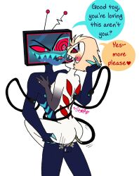 anal blonde_hair blush cables cum double_penetration english_text french_kiss hand_on_head happy_trance hazbin_hotel heart heavy_eyelids hypnotic_eyes lucifer_(hazbin_hotel) male_only maledom malesub multiple_boys open_mouth red_eyes ring_eyes sex short_hair signature simple_background speech_bubble spiralwash_eyes star_kintobor tentacle_sex text tongue tongue_out vox white_background white_skin yaoi