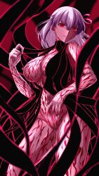  angra_mainyu body_markings bottomless breasts command_seal corruption dark_sakura empty_eyes evil_smile eye_color_change facial_markings fate/stay_night fate/stay_night_heaven's_feel fate_(series) femsub hair_color_change hair_ribbon hkuno huge_breasts long_hair looking_at_viewer nipples one_breast_out possession red_eyes ribbon sakura_matou smile white_hair 