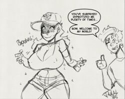  alternate_hairstyle blush breasts cap clothed dark_hat_(darkhatboy) dialogue english_text erect_nipples_under_clothes feminization femsub genderswap hat jakal_(jakalovid) jakalovid large_breasts long_hair maledom midriff monochrome navel one_eye_open original shirt short_hair shorts sparkle speech_bubble spiralwash_eyes text transgender wink 