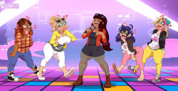  alya_cesaire chloe_bourgeois lila_rossi marinette_dupain-cheng miraculous_ladybug moisesgrafic simple_background singing smile spiral_eyes tongue_out zoe_lee 