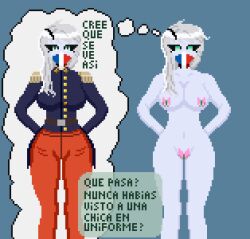 altered_common_sense altered_perception blue_eyes breasts_outside empty_eyes grey_skin hypnovember nyarukavt nyarupix_thotep original pixel_art stickers text thighhighs white_hair