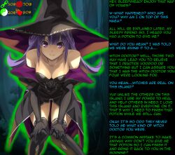 blush breasts caption caption_only cleavage female_only female_pov hat hwd171_(manipper) large_breasts leaning_forward looking_at_viewer manip pov pov_sub purple_eyes purple_hair short_hair smile text thighhighs witch witch_hat