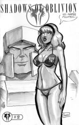 bikini breasts carly_(transformers) cleavage expressionless female_only femsub greyscale long_hair megatron monochrome shono shrunken_irises standing standing_at_attention text traditional transformers western