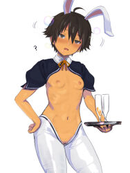  androgynous blush breasts brown_eyes brown_hair bubble bunny_ears bunnysuit clothed_exposure dark_skin dazed dream_club empty_eyes fake_animal_ears femsub hand_on_hip nao_(dream_club) navel niwa2eito8 open_mouth reverse_bunnysuit short_hair small_breasts solo standing tomboy tray unaware waitress 
