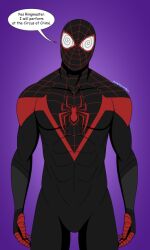 costume dazed male_only malesub marvel_comics mask megaguardain miles_morales spider-man spider-man_(series) spiral_eyes standing standing_at_attention super_hero symbol_in_eyes text