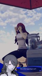  3d absurdres arms_above_head aware beach bluecorral breasts clothed dialogue english_text eye_color_change femsub green_eyes hair_covering_one_eye long_hair mitsuru_kirijo outdoors persona_(series) persona_3 posing possession red_hair scooby-doo_(series) sexually_suggestive spooky_island_demon_(scooby-doo) text umbrella 
