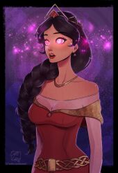  black_hair braid cleavage clothed crown dress expressionless female_only femsub glowing_eyes kaa_eyes lapislazuliart long_hair open_mouth pink_eyes ponytail princess rebellious ruslan_and_ludmila:_more_than_a_fairytale solo sparkle spiral_eyes tagme 