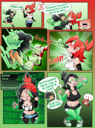  alternate_costume alternate_hairstyle arm_warmers before_and_after black_hair blush choker cleavage comic dialogue femsub finger_to_mouth fusion green_eyes long_hair lynn_delang midriff open_mouth original panties ponytail possession red_hair sequence shoes tech_control text thiccncute transformation trembling upskirt vore 