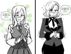  age_progression aware before_and_after blush bra cleavage corset dress_shirt embarrassed eyebrows_visible_through_hair female_only femsub glowing_eyes green_eyes hair_covering_one_eye happy_trance humor large_breasts long_hair majinsfw original school_uniform short_hair simple_background skirt smile solo spiral suit sweat t-shirt text tie trembling veronica_nightingale_(majinsfw) white_background 