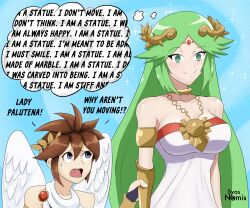  angel_boy bangs bare_shoulders blue_eyes breasts brown_hair clothed dialogue english_text femsub goddess green_eyes green_hair hair_ornament happy_trance kid_icarus large_breasts long_hair mantra necklace nintendo open_mouth palutena petrification pit smile sparkle spiral_eyes standing standing_at_attention sweat syas-nomis text thought_bubble tongue 