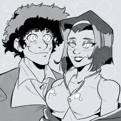 blush breasts cleavage clothed cowboy_bebop crossed_eyes dazed eyelashes eyeshadow faye_valentine femsub greyscale hair_band happy_trance headband himbonosis kaa_eyes lipstick makeup malesub midriff monochrome short_hair simple_background smile spike_spiegel unfocused_eyes