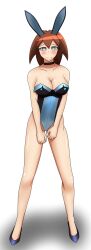  absurdres bare_legs bare_shoulders blush breasts brown_hair bunny_ears bunny_girl choker cleavage collarbone empty_eyes expressionless fake_animal_ears female_only femsub grey_eyes high_heels jasmine_(yu-gi-oh!) large_breasts leotard long_hair simple_background soex solo standing unhappy_trance white_background yu-gi-oh! yu-gi-oh!_gx 