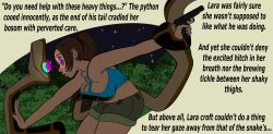 breasts brown_hair cleavage colorrings disney kaa kaa_eyes lara_croft lipstick midriff resisting snake the_jungle_book tomb_raider