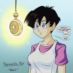 black_hair blue_eyes dragon_ball expressionless hypnovember pocket_watch polmanning sweat text videl