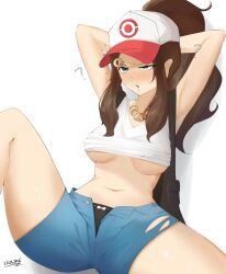  arms_above_head backpack bare_legs blue_eyes breasts brown_hair coin confused drool empty_eyes eroborne female_only femsub hand_on_head hat hilda jean_shorts navel necklace nintendo open_mouth panties pendulum pokemon pokemon_black_and_white ponytail shirt shirt_lift shorts signature simple_background sitting solo spread_legs underboob white_background 