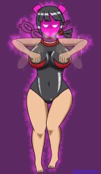 bare_legs bare_shoulders barefoot black_hair breasts chicken_pose choker drone drool feet femsub glowing glowing_eyes large_breasts latex leotard mask mochi_dance nintendo pokemon pokemon_scarlet_and_violet ponytail short_hair tongue tongue_out usakiki zinnia