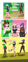 blue_hair brown_hair dawn dialogue dlobo777 empty_eyes femdom femsub hypnotized_hypnotist large_breasts pokemon purple_hair sailor_jupiter sailor_moon_(series) team_hypno text zombie_walk