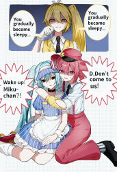  absurdres apron artist_request black_eyes blue_hair choker coin comic dialogue drill_hair empty_eyes english_text evil_smile expressionless female_only femdom femsub gloves hat hug kneeling long_hair mesmerizer_(vocaloid) miku_hatsune multiple_girls neru_akita pendulum ponytail red_eyes scared side_ponytail smile suspenders sweat teto_kasane text tie twintails vest vocaloid white_background yellow_eyes 