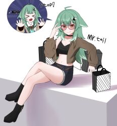  ahoge alternate_costume aware bare_legs bare_shoulders breasts cleavage closed_eyes clothed costume crossed_legs damji_04 dialogue english_text femsub glasses green_hair honkai_star_rail huohuo_(honkai_star_rail) legs long_hair looking_at_viewer midriff navel possession simple_background sitting slit_pupils speech_bubble tail_(honkai_star_rail) tears text thighs white_background 