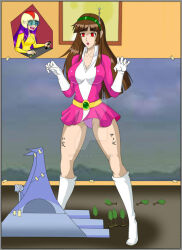  brown_hair carlosfco empty_eyes fembot femdom femsub kigi_(carlosfco) large_breasts long_hair mazinger_(series) original purple_hair remote_control sayaka_yumi sigfried028 tech_control 