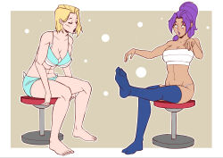 bandage bare_legs bare_shoulders barefoot blonde_hair border bra chair closed_eyes collarbone drool efalabrino emma_frost face_paint feet female_only femsub large_breasts leaning_forward legs lipstick long_hair marvel_comics marvel_rivals multiple_girls multiple_subs navel open_mouth panties ponytail psylocke short_hair shrunken_irises simple_background sitting tan_skin thighhighs underwear yellow_background
