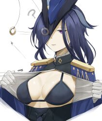  absurdres black_hair bra breasts clorinde_(genshin_impact) coin confused eroborne expressionless female_only femsub genshin_impact gloves hair_covering_one_eye hat military_hat military_uniform pendulum purple_eyes simple_background solo underwear undressing white_background 
