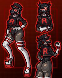  archfolie collar corruption enemy_conversion female_only gas_mask gloves high_heels jacket marnie_(pokemon) nintendo pokeball pokemon pokemon_sword_and_shield simple_background team_rocket thigh_boots thighhighs visor 