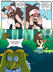  assertive_sub begging blush bracelet brown_hair cleavage clothed comic dialogue forest hat hilda humor hypno jean_shorts light_skin long_hair nintendo open_mouth outdoors pokemon pokemon_(creature) pokemon_black_and_white ponytail short_shorts shorts speech_bubble sweat tank_top tears text thehornyzen thought_bubble torn_clothes vest yellow_skin 