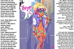  absurdres androgynous blonde_hair blue_eyes caption condom crossdressing earrings elf_ears exhibitionism femboy feminization fishnets freckles ganguro glowing glowing_eyes happy_trance jewelry lingerie link long_hair makeup male_only malesub manip midriff multicolored_hair nail_polish nintendo open_mouth penis pink_hair ponytail sissy smutstrut spiral_eyes sunglasses symbol_in_eyes tan_skin tattoo text the_legend_of_zelda transformation trap unaware underwear 