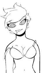 bra cleavage drool female_only greyscale overwatch short_hair sixxxoh smile solo spiral_eyes symbol_in_eyes tracer underwear