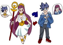    bare_shoulders barefoot blue_eyes blue_hair blush body_swap breasts cleavage crossdressing donnothing23 dress eye_color_change goddess long_hair original pants purple_hair red_eyes saint_seiya saori_kido shochi_(donnothing23) shoes short_hair simple_background staff thighs white_background 