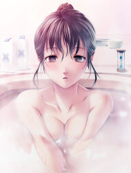 bath bathing breasts brown_hair cleavage dazed expressionless femsub huge_breasts hypnosisisgreat_(manipper) manip open_mouth original short_hair spiral_eyes symbol_in_eyes topless wet