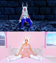  3d babydoll bed before_and_after bunny_ears dark_skin djiwedmewj empty_eyes femsub happy_trance large_breasts my_hero_academia rumi_usagiyama white_hair 