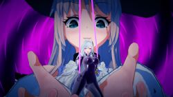 3d absurdres bangs blue_eyes bodysuit character_request evil_smile eyeshadow female_only femdom femsub gelsonias genshin_impact glowing_eyes hair_ornament hat huge_breasts kneeling koikatsu! latex lipstick long_hair makeup nail_polish open_mouth original pink_eyes pink_lipstick puppet rubber skirk_(genshin_impact) smile tight_clothing tongue tongue_out very_long_hair white_hair