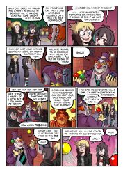  ahoge alice_(er-ikaa) black_hair blonde_hair chortles_(keeperika) clown comic dazed erika_(er-ikaa) femsub keeper_of_pots maledom midriff multicolored_hair multiple_girls navel open_mouth original sharp_teeth shorts 