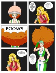 afro blonde_hair breasts cleavage comic dialogue empty_eyes female_only femdom femsub happy_trance large_breasts long_hair megatronman midriff necklace open_mouth orange_hair red_hair saluting sam text totally_spies
