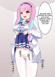  ahoge aqua_minato blue_hair body_writing braid breasts empty_eyes fangosuta hard_translated hololive large_breasts long_hair open_mouth pantyhose purple_eyes purple_hair pussy pussy_juice sex_toy skirt_lift smile text translated twintails vibrator virtual_youtuber 