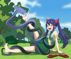  absurdres bare_legs barefoot black_eyes blue_hair blush clothed coils crossover disney fairy_tail feet femsub foot_licking happy_trance kaa kaa_eyes legs licking long_hair maledom open_mouth outdoors rubio515 sandals sitting smile snake the_jungle_book tickling tongue tongue_out trees twintails wendy_marvell yellow_sclera 