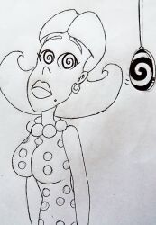 breasts female_only femsub greyscale itemshoplifter jimmy_neutron_(series) judy_neutron large_breasts nickelodeon solo spiral_eyes symbol_in_eyes traditional white_background