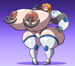  bottomless breast_expansion enemy_conversion female_only femsub gradient_background hand_on_hip high_heels hyper_breasts long_hair nami_(one_piece) nipple_piercing nipples one_piece orange_hair prinnydood pussy robotization saluting simple_background smile solo standing tagme thigh_boots thighhighs topless transformation visor 