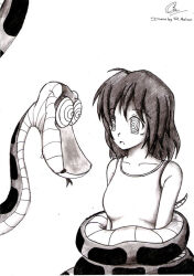 breasts coils disney female_only femsub greyscale hypnotic_eyes kaa large_breasts monochrome original renaissanceofchaos ring_eyes short_hair snake the_jungle_book traditional