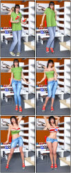 3d ass_expansion bare_legs before_and_after bimbofication black_hair breast_expansion breasts comic corruption dynamoob eye_roll glasses high_heels hypnotic_accessory hypnotic_clothing jeans large_breasts lipstick magic midriff navel nerd shoes short_shorts sneakers standing stripper transformation