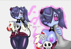  altered_perception aura bare_shoulders blue_skin breasts cleavage epicxz fellatio femsub hair_covering_one_eye hair_ornament holding_breasts maledom microphone nipples penis pink_eyes red_eyes ring_eyes side_ponytail simple_background skullgirls squigly_(skullgirls) unaware white_background 